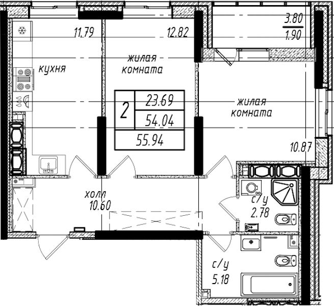 2-комнатная квартира 55.94 м², 25/25 эт., ЖК «Северная Долина»